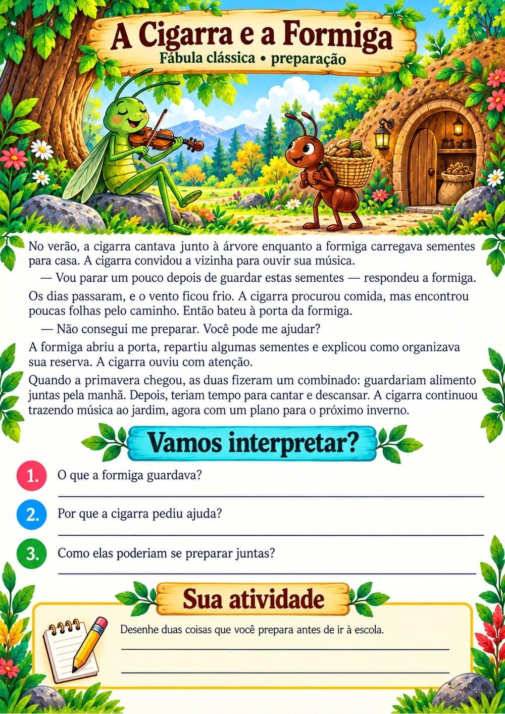 A Cigarra e a Formiga — história completa, ilustração e perguntas de interpretação