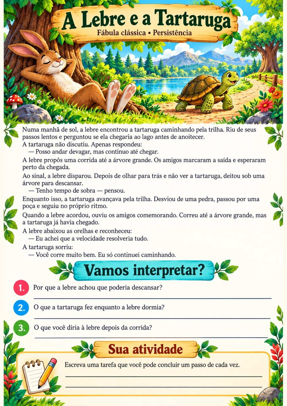 A Lebre e a Tartaruga — história completa, ilustração e perguntas de interpretação