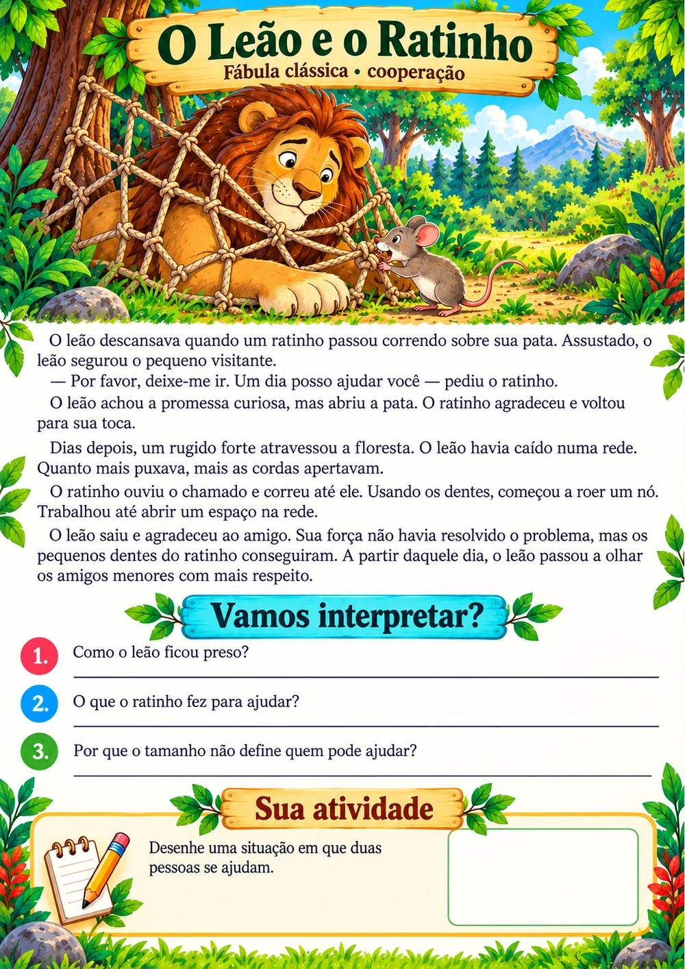 O Leão e o Ratinho — história completa, ilustração e perguntas de interpretação