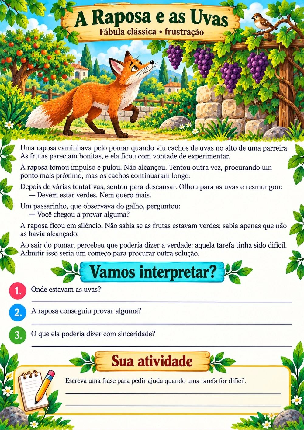 A Raposa e as Uvas — história completa, ilustração e perguntas de interpretação