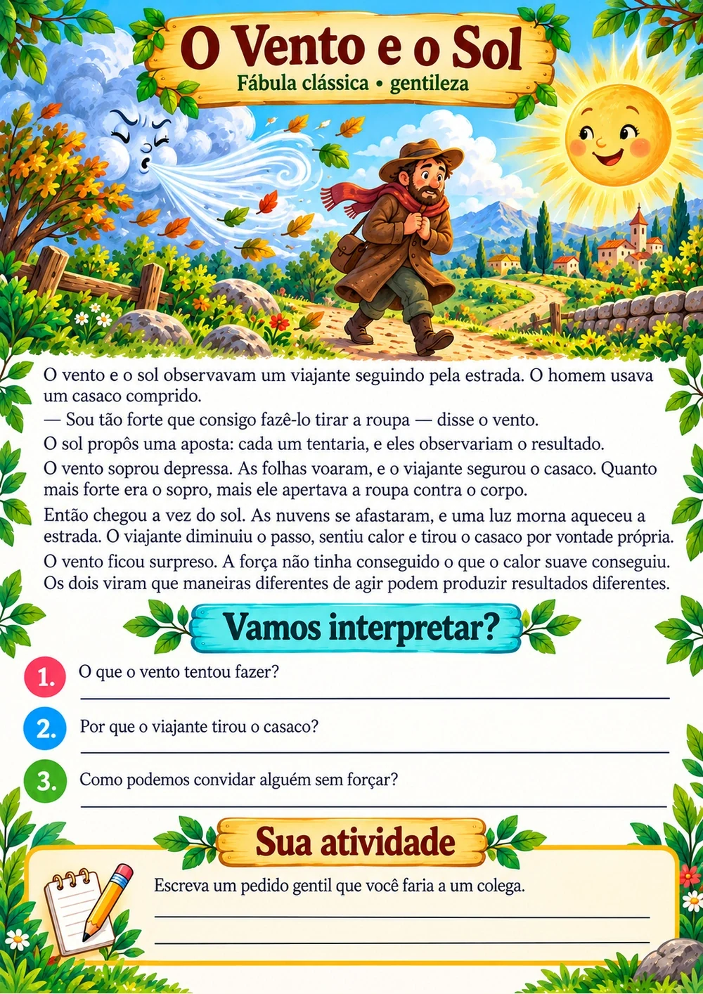 O Vento e o Sol — história completa, ilustração e perguntas de interpretação