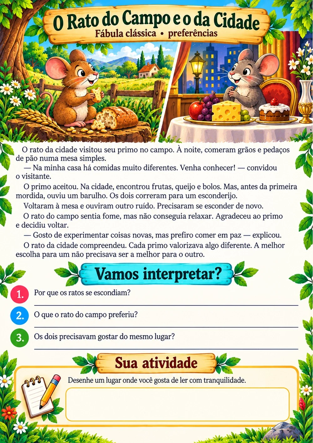 O Rato do Campo e o da Cidade — história completa, ilustração e perguntas de interpretação