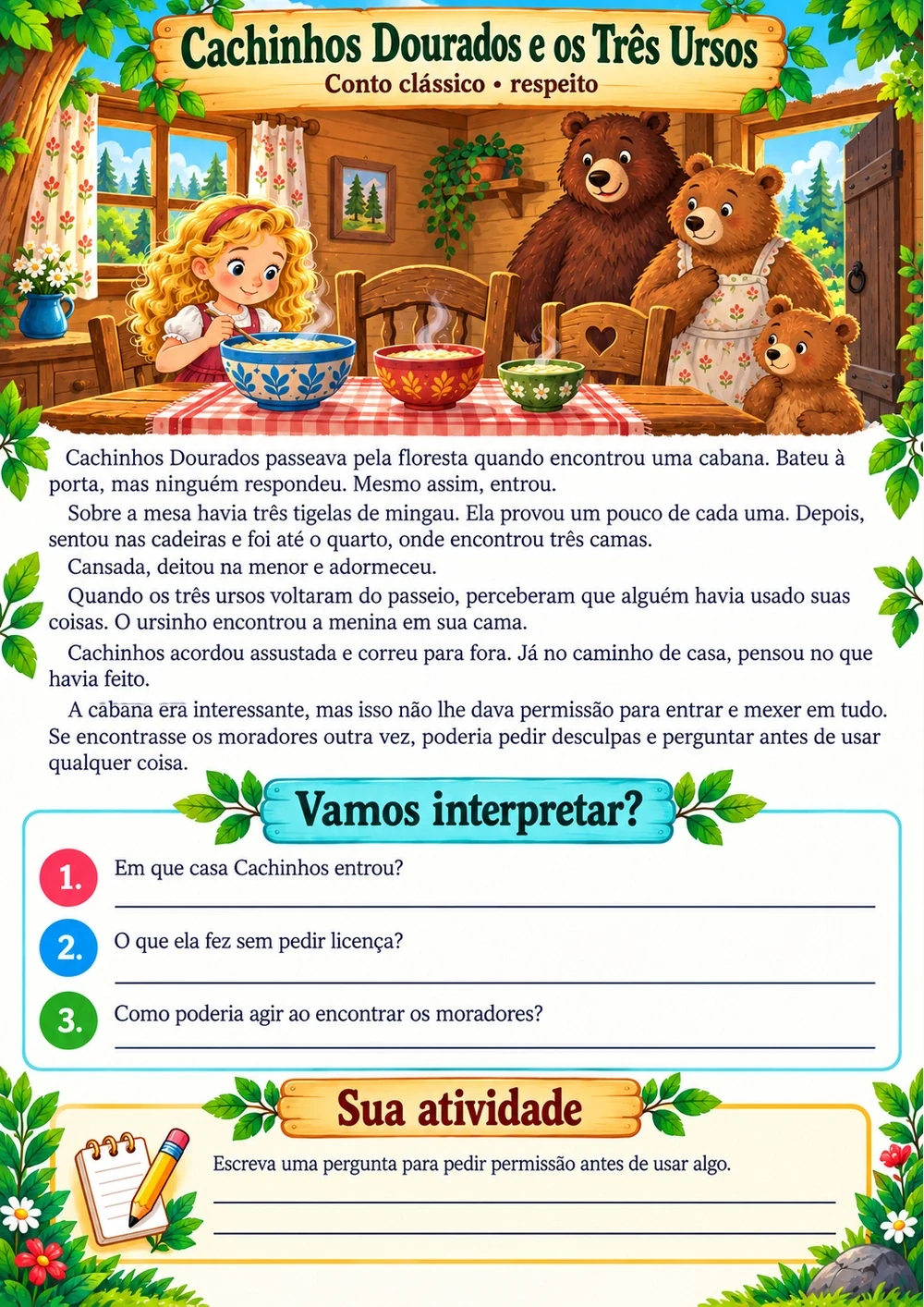 Cachinhos Dourados e os Três Ursos — história completa, ilustração e perguntas de interpretação