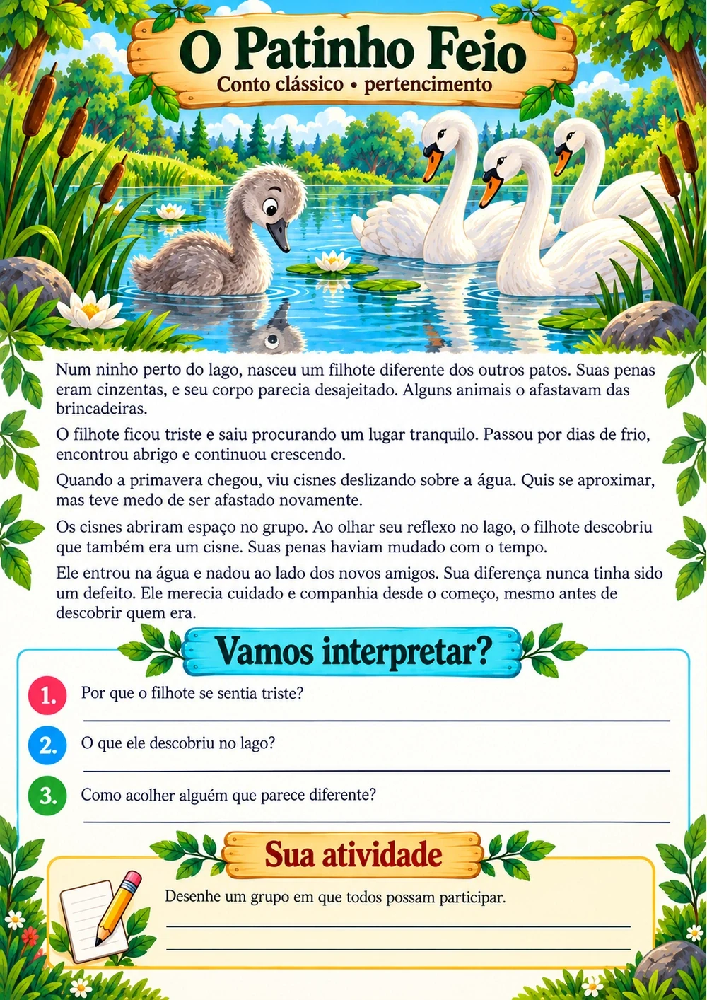 O Patinho Feio — história completa, ilustração e perguntas de interpretação