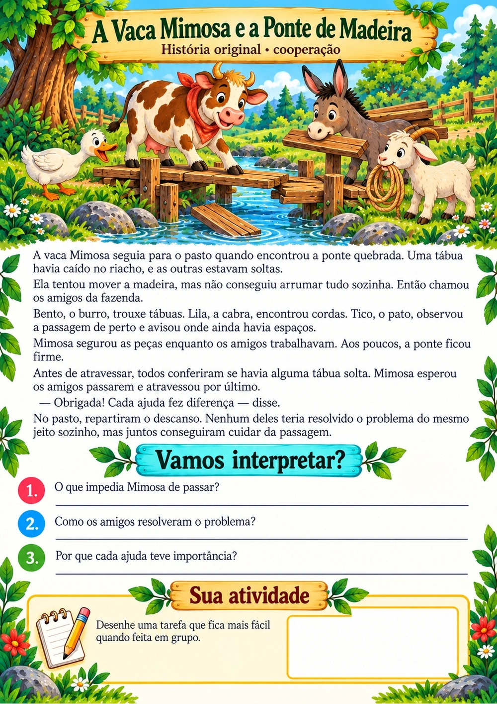 A Vaca Mimosa e a Ponte de Madeira — história completa, ilustração e perguntas de interpretação