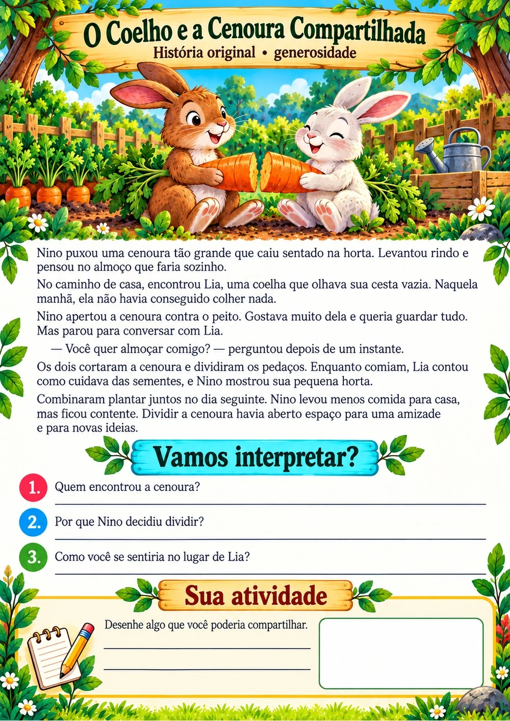 O Coelho e a Cenoura Compartilhada — história completa, ilustração e perguntas de interpretação