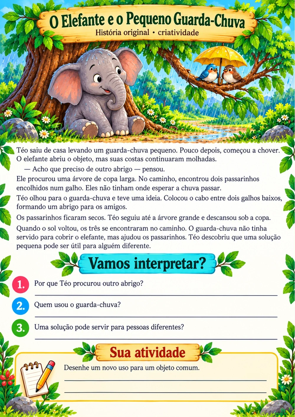 O Elefante e o Pequeno Guarda-Chuva — história completa, ilustração e perguntas de interpretação
