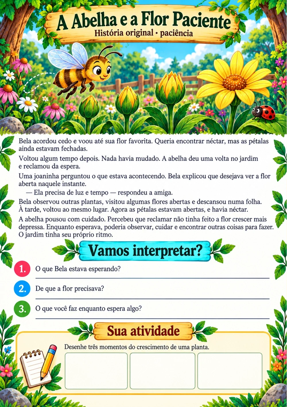 A Abelha e a Flor Paciente — história completa, ilustração e perguntas de interpretação
