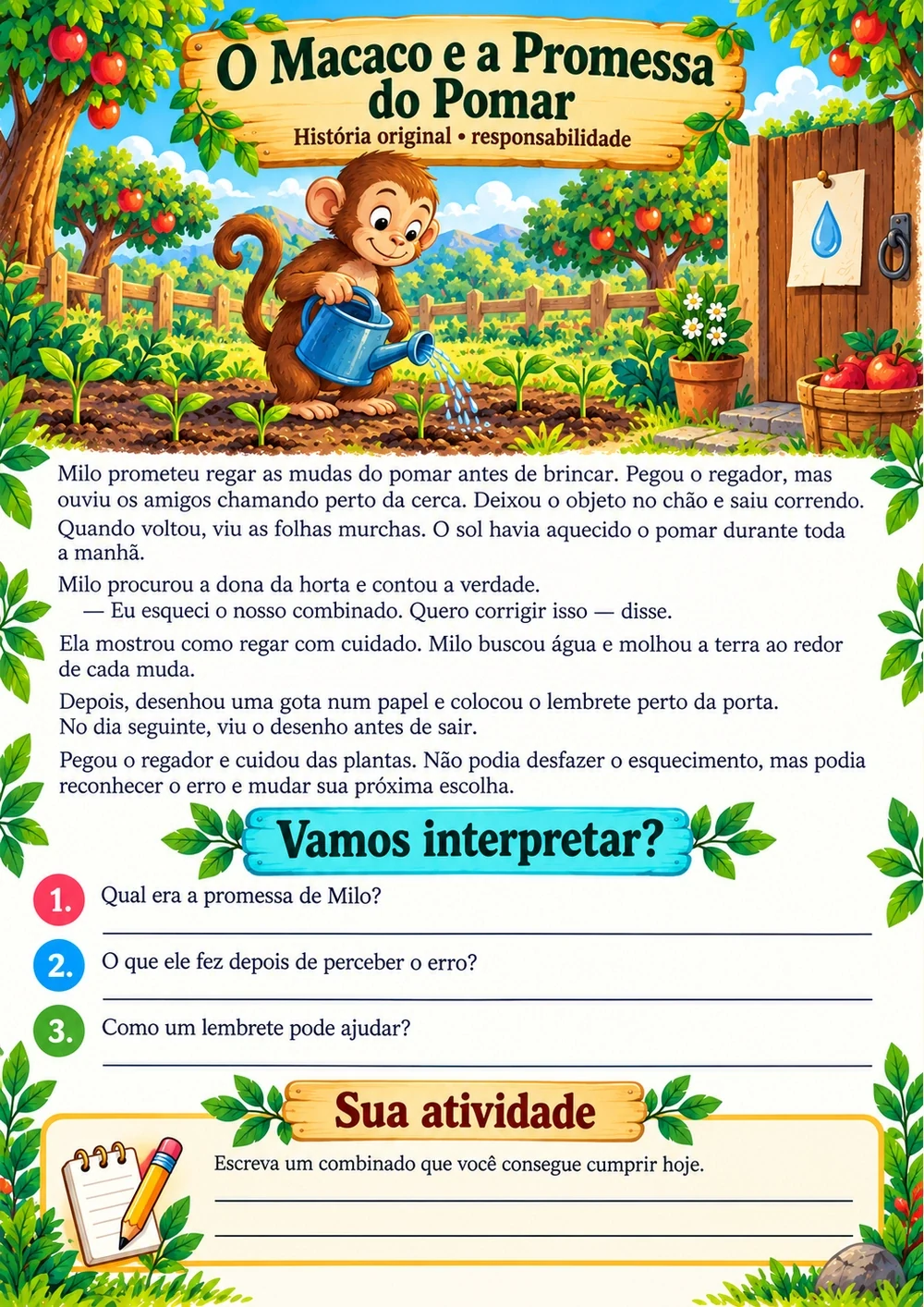 O Macaco e a Promessa do Pomar — história completa, ilustração e perguntas de interpretação